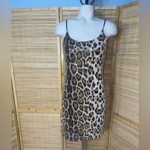 Geri C. Black tan sequin leopard spaghetti strap mini dress party glam Y2K